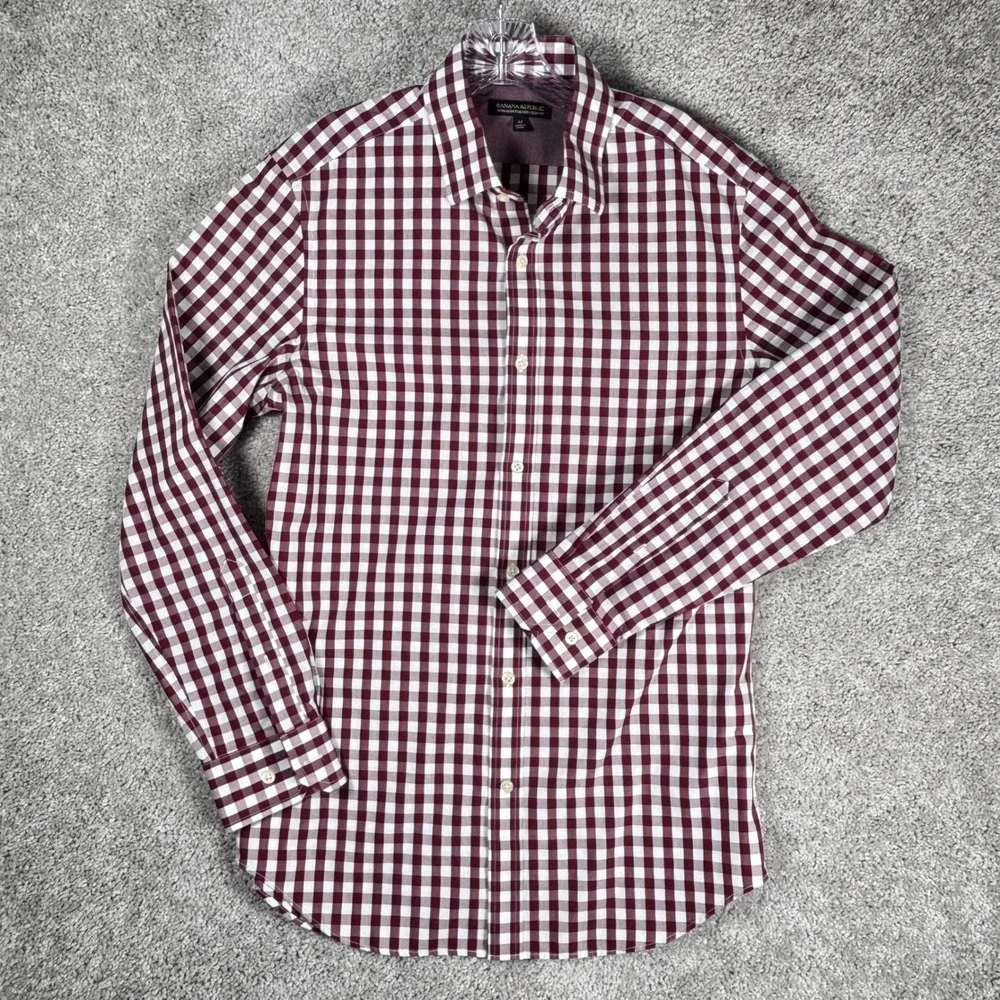 Banana Republic Mens Burgundy Gingham Non Iron Tailored Slim Fit‎ Dress Shirt  M